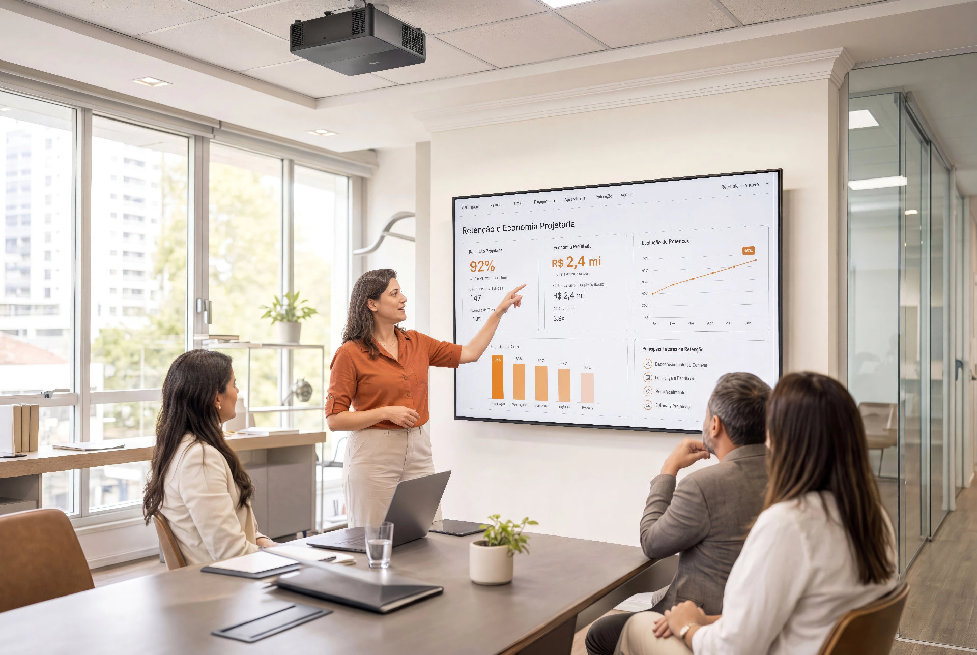 Reunião executiva analisando dashboard de retenção e economia projetada